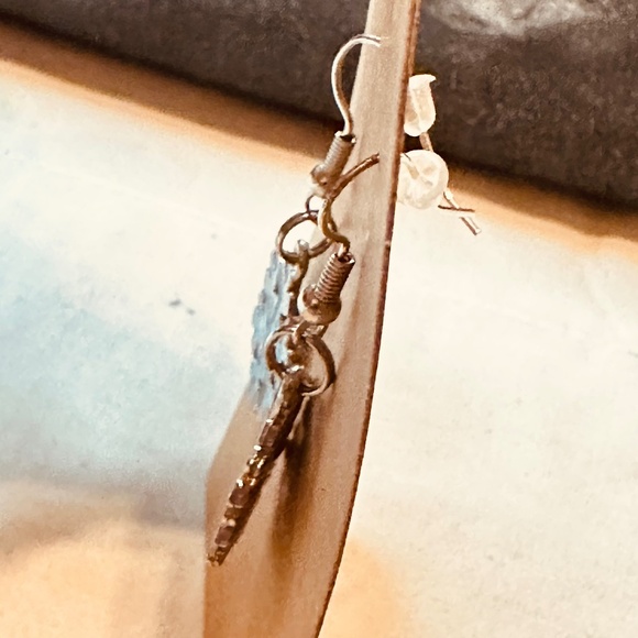 Stainless Steel Earring Hooks Dangle Aqua Blue Silver Snowflake Enamel Handmade - Picture 4 of 7